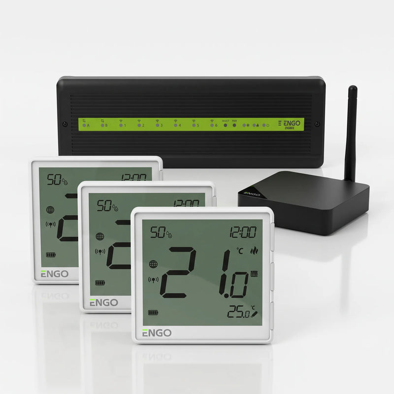 ZigBee Smart-Home-Set zum Nachrüsten mit 3 EONE Raumthermostaten in Weiß, Regelklemmleiste ECB62-ZB und EGate-Pro Gateway