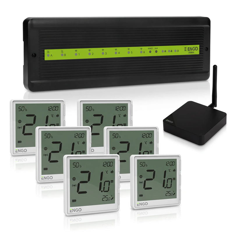 ZigBee Smart-Home-Set zum Nachrüsten mit 6 EONE Raumthermostaten in Weiß, Regelklemmleiste ECB62-ZB und EGate-Pro Gateway