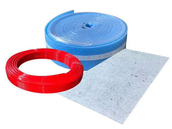 Accessories for the thin-layer system. Red heating pipe, edge insulation strips, and leveling plate.