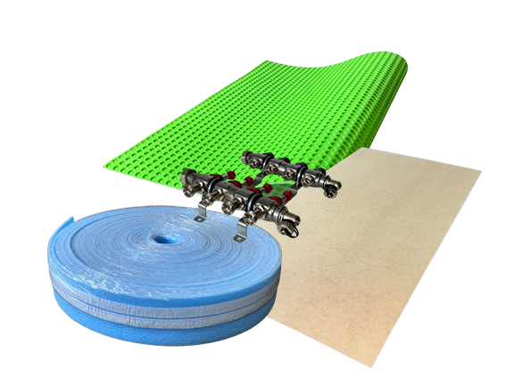 Velcro system accessories. Edge insulation strips, green decoupling mat, distributor.