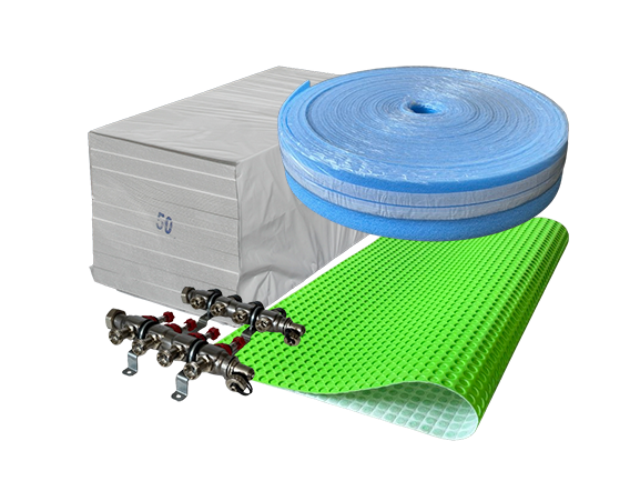 Accessories for the nub system. Additional insulation, blue edge insulation strip, green decoupling mat, distributor.