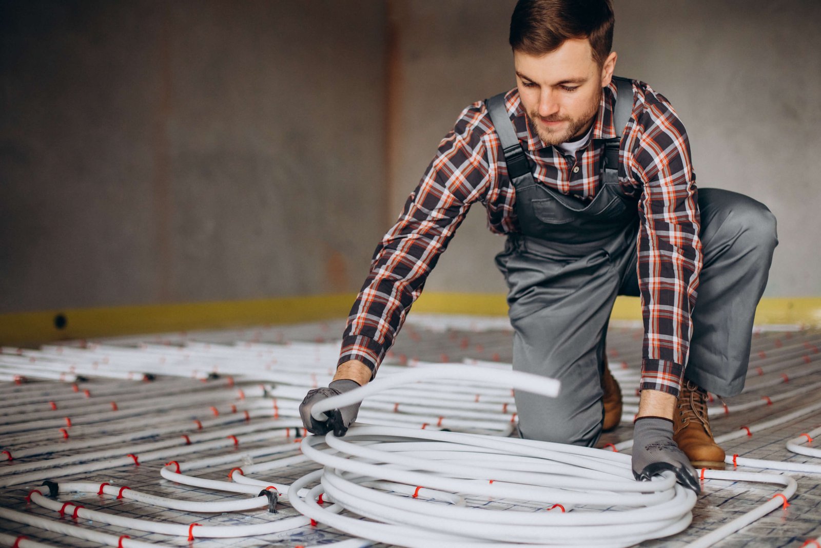 Man in work clothes installs stapling system by attaching the heating pipe to fabric foil using stapling needles.