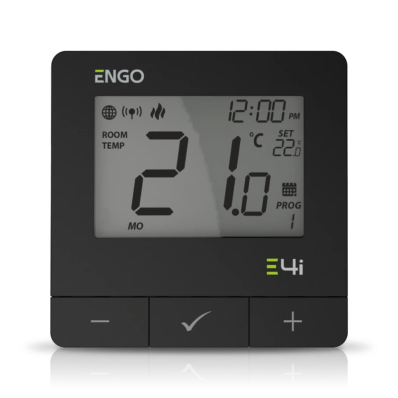 E4i-B WLAN-Raumthermostat Aufputz schwarz – ENGO Thermostat für Fußbodenheizung, Frontansicht